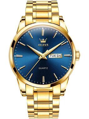 Men's Gold Blue Stainless Steel Analog Quartz Classic Waterproof Round Watch